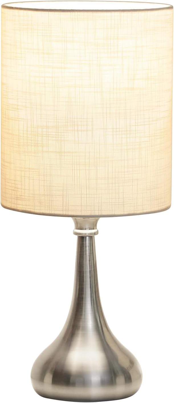 Touch Control Table Lamp, 3 Way Dimmable Simple Night Light Lamp with White Lampshade Silver Metal Base, Small Bedside Table Lamp for Bedroom, Office, Dorm, A19 9W 3000K Bulb Included