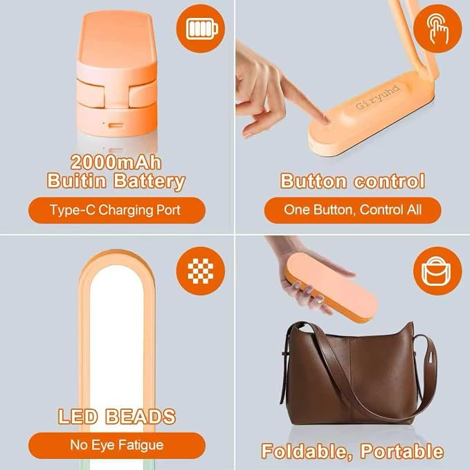 Giryuhd LED Desk Lamp for Office Home & Battery Operated Lamp Rechargeable Lamp Foldable & Portable Light, LED Desk Light Strip, 3 Brightness Dimmable Small Desk Lamp Reading Lamp (Orange)