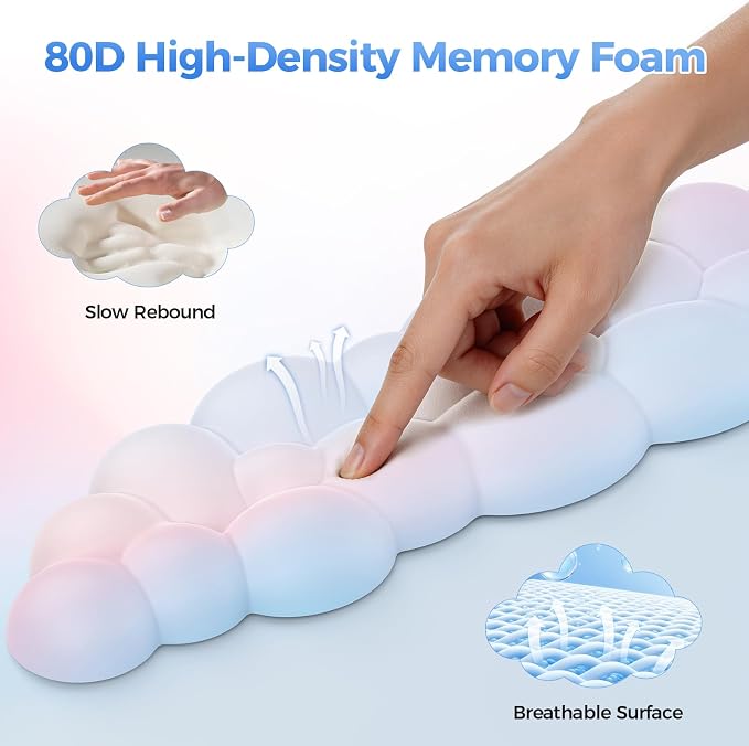 TECKNET Cloud Wrist Rest & Ergonomic Mouse Pad, Cloud Keyboard Wrist Rest with Non-Slip Base, PU Leather Memory Foam Wrist Pad for Keyboard and Mouse, Pain Relief for Typing, Gaming, Rainbow