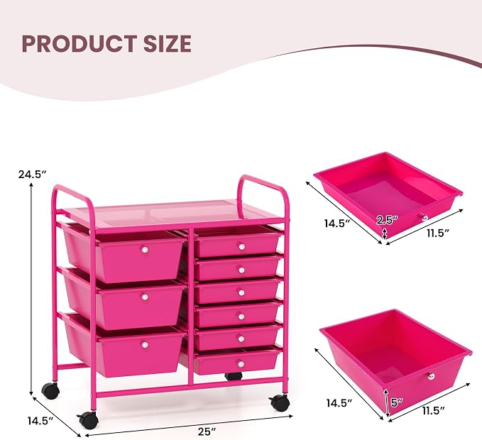 COSTWAY Rolling Storage Cart with 9 Drawer, Utility Cart with Metal Frame | Mobile Art Supply Craft Organizer, Multipurpose Storage Organizer for Paper, Office, School Teacher, Classroom, Hot Pink