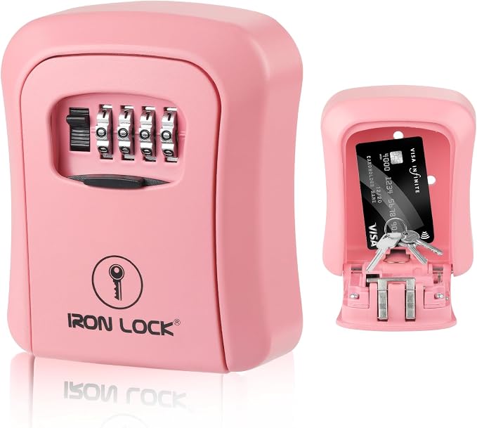 Iron Lock® Medium Wall Mount Combination Key Lock Box, Outdoor (Pink) | Screw-in wall mount (4 screws + 4 anchors) — not magnetic, does not hang; weather-resistant zinc alloy, includes key hanger