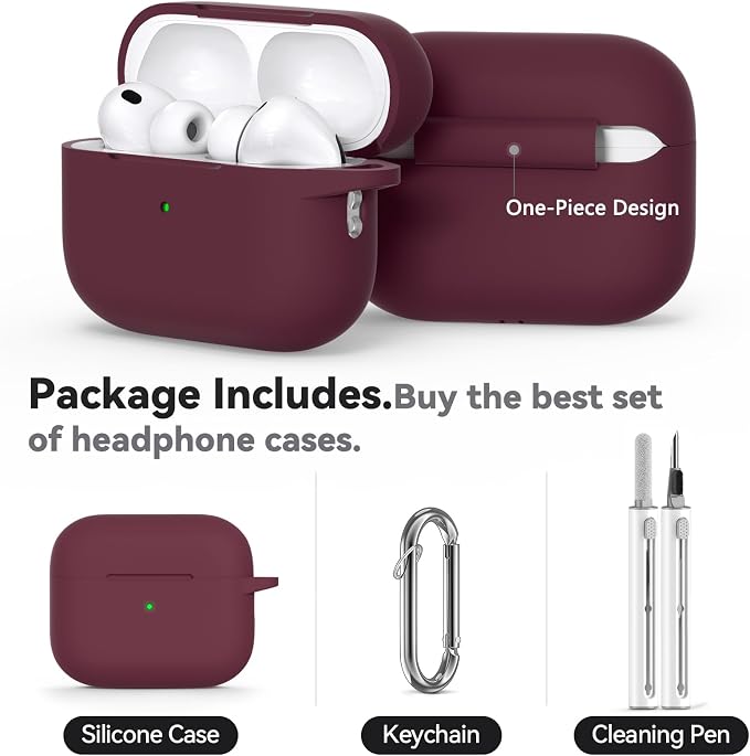Ljusmicker for AirPods Pro 3 Case 2025 with Cleaner Kit,Wine Red | Soft Silicone Protective Cover for Apple AirPod Pro 3rd Generation Case with Keychain for Women Men,Shockproof