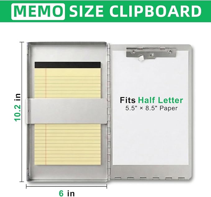 Small Aluminum Clipboard with Storage (Memo Size), 6 x 10.2 Inches, Recycled Metal Snapak Form Holder Binder with Inside Serrated Clip Posse Box, Perfect for Truck Driver, Fits Half Letter Size Paper