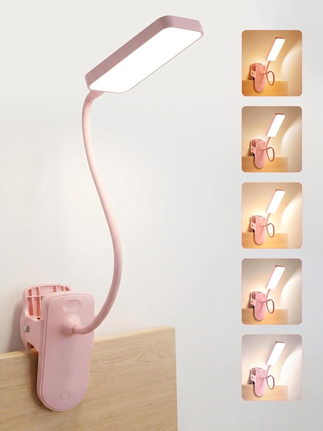 Pink Desk Lamp for Dorm Lamp, 9 Brightness+5 Color Clip on Light, Cute Lamp | 4000mAh Battery Rechargeable, Small Pink Lamp for Girls/Kids, Cordless Clip on Reading Light for Bed/Headboard/Bedside Table