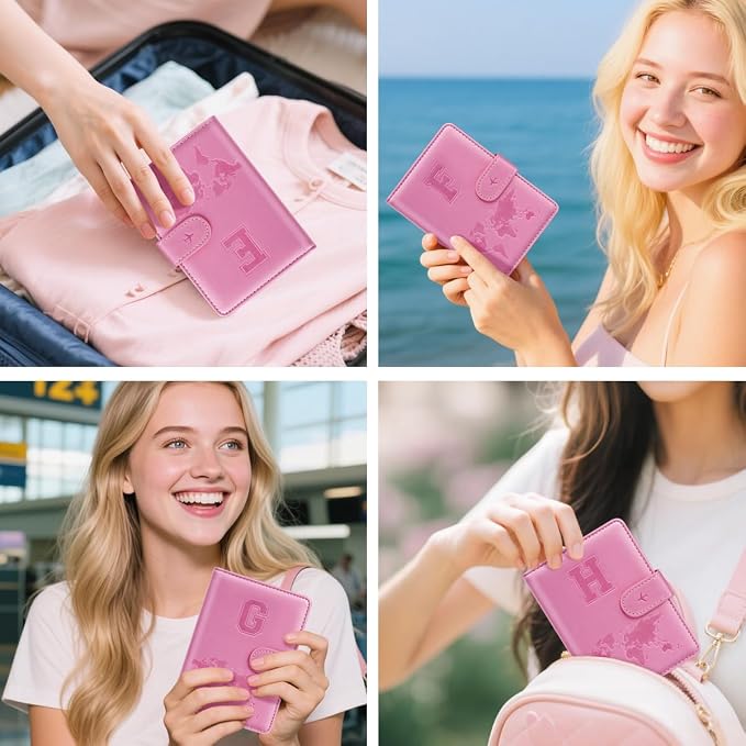 Passport Holder Cover Initial Letter A-Z Travel Wallet Personalized | Travel Essentials, Embossed Design, RFID Blocking, Personalized Gift, Passport Book Holders for Women Girls, Pink-G
