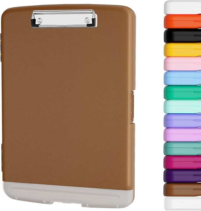Piasoenc Clipboard with Storage, 8.5 x 11 Clip Board with Pen Holder, Brown | High Capacity, Heavy Duty Plastic Organization Box for A4 Legal Paper Folder, Folio & Side-Opening Nurses, Teachers, Student