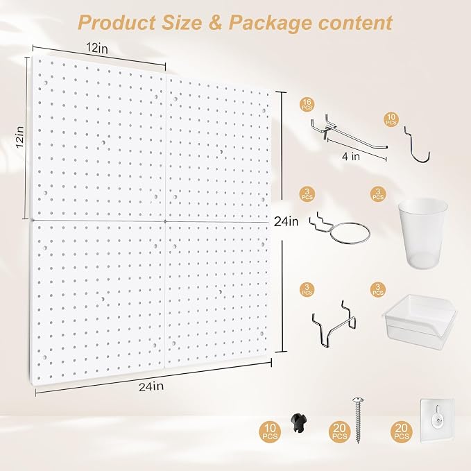 FZK Modular Plastic Peg Board Wall Organizer Kit, 12x12, White | Includes 26 hooks and 2 bins, adhesive or drill mounting, ideal for office, gaming room, garage