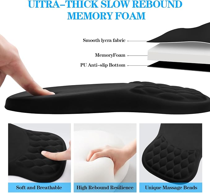 Ergonomic Mouse Pad with Wrist Rest Sloped Massage Design (Black) | Soft Comfortable Memory Foam Wrist Support for Pain Relief, Non-Slip PU Base, Office, Home, Gaming Mousepad for Desk