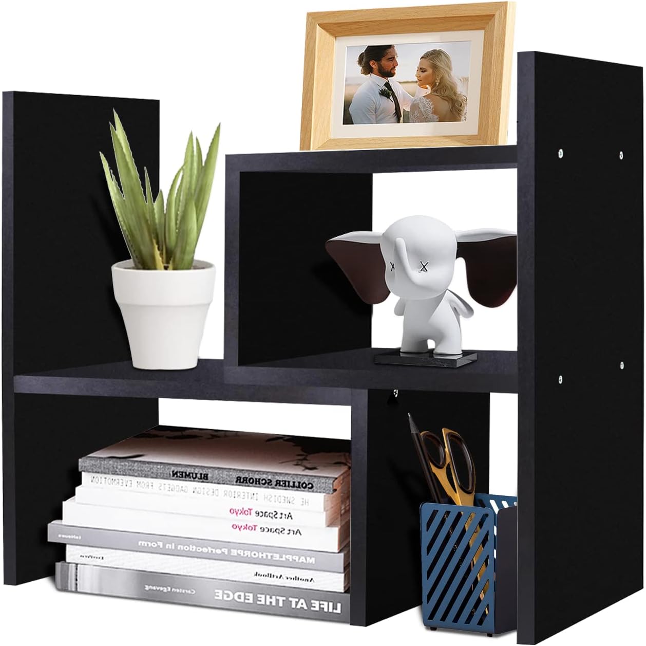 TY ARTS & CULTURE - Expandable Wood Desktop Storage Organizer Multipurpose Desk Bookshelf Case Display Shelf Rack Counter Top Bookcase for Office Home | Black