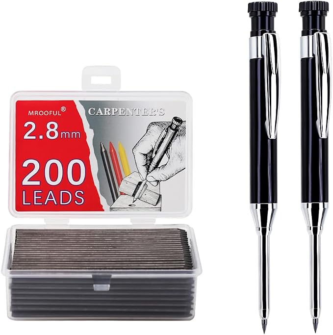 2.8mm Metal Carpenter Marking Pencils 2 Pack with 200 Refill Leads, Built-in Sharpener Tool Pencil for Woodworking, Deep Hole and Jobsite Marking, DIY, Cabinetry and Carpentry Projects (Black)