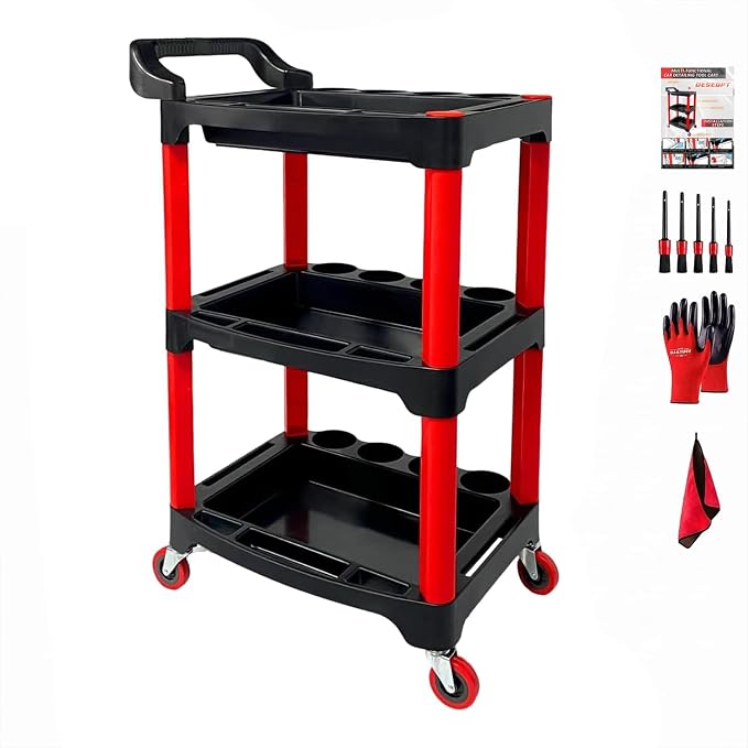 Auto Detailing Cart with Wheels, 3 Tier Rolling Detail Cart | Car Wash Organizer for Detailers Garage, Workshop, Repair Shop, Storage Tool