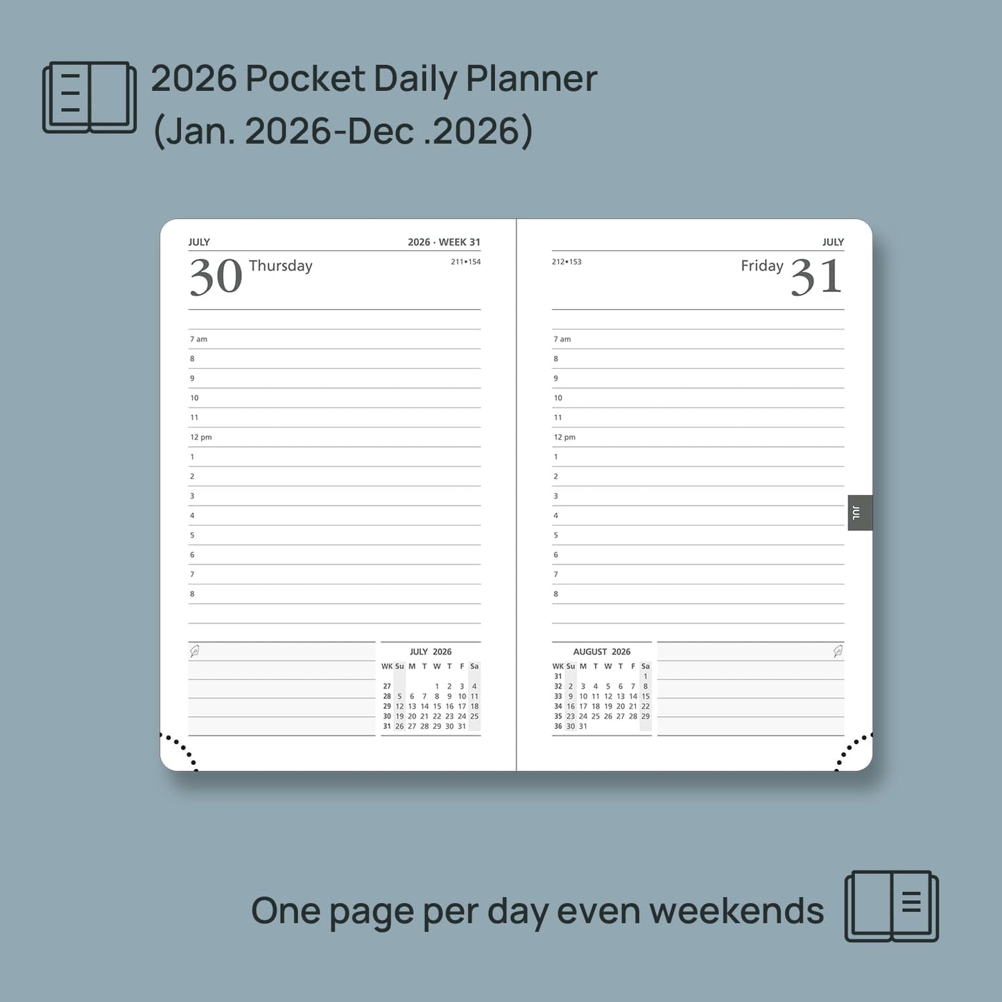 POPRUN Daily Planner 2026 (Jan - Dec), (Purse Size-4.25" x 6.25") 2026 Daily Calendar with One Page Per Day Even Weekends, Hourly Appointment Book with Pocket, PU Leather Softcover - Night Sky Blue