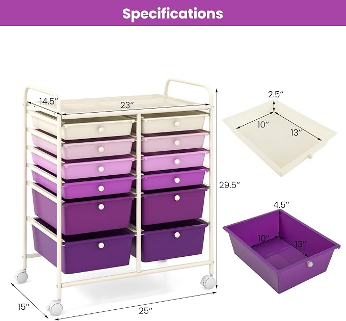 BECOMFORT 12-Drawer Rolling Cart with Drawers, Storage Cart on Wheels, Teacher Classroom Organizers with Metal Frame, Mobile Craft Cart, Trolley Utility Cart for School Office Play Room