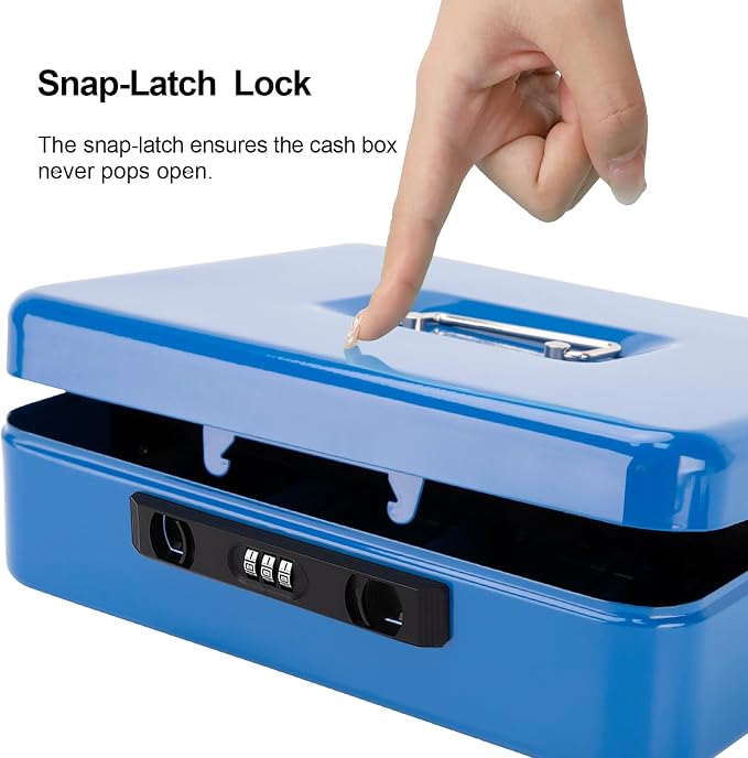 Jssmst Locking Cash Box with Coin Lid, 11.8L x 9.5W x 3.5H Inches, Latch Safe Money Box with Combination Lock, Blue