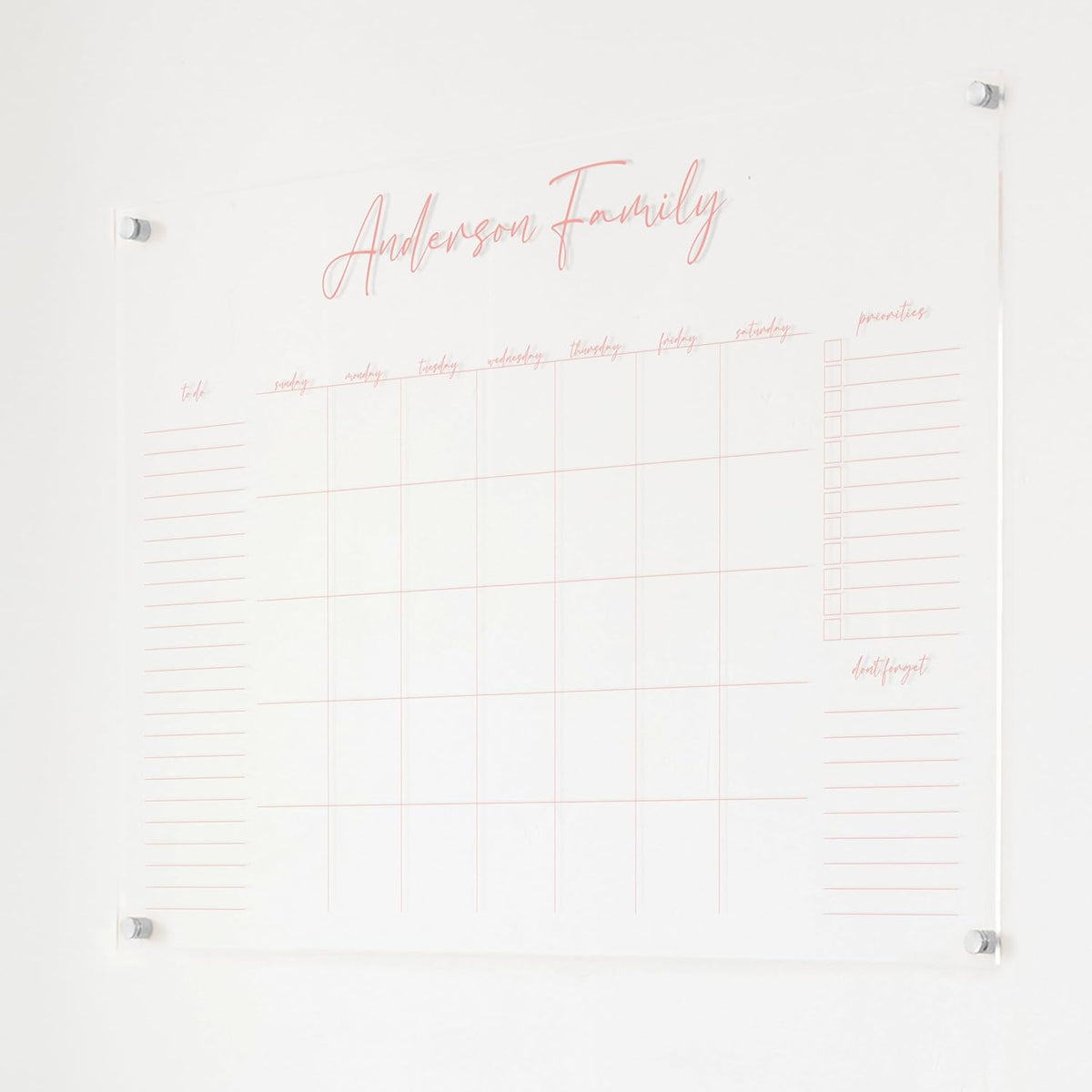 Personalized Clear Acrylic Calendar for Wall, Calendar Whiteboard for Wall, Dry Erase Wall Calendar, Wall Calendar Organizer System for Home (Cursive, Blush, 38"W x 26"H)