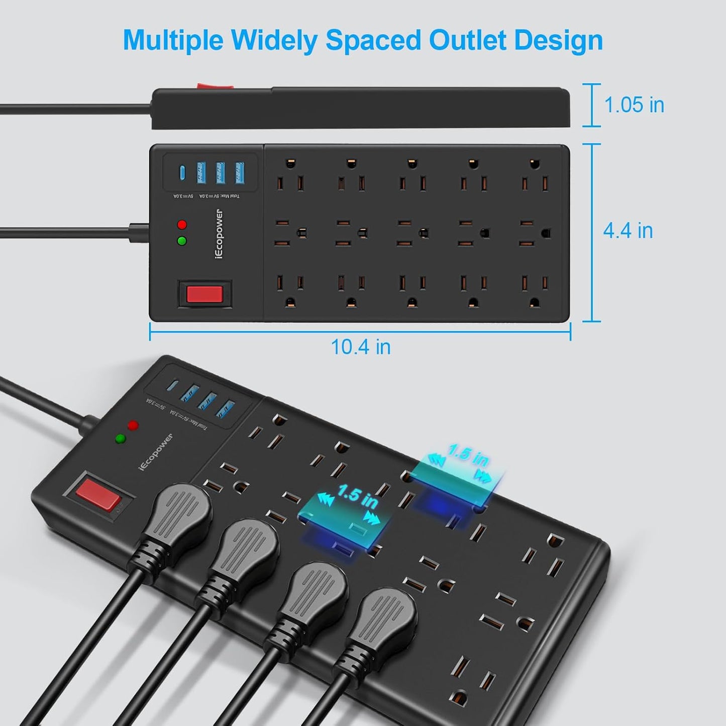 Surge Protector Power Strip 10 ft cord-15 Widely Spaced Outlets and 4 USB Ports(1 USB C Port),14 AWG Extension Cord,1875W/15A Heavy Duty Power Strip Surge Protector 10 ft Cord,2800J,Black