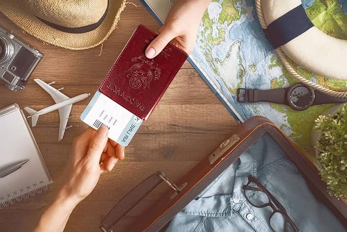 Passport Holder Cover Wallet Case RFID Blocking Leather Card Slot Travel Accessories Documents Organizer Protector for Women Men, Wine Red