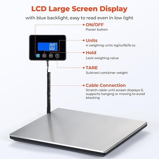 MUNBYN 440lb/1.8oz Shipping Scale, Digital Postal Scale for Packages | Hold & Tare Function, Backlit LCD, Battery & USB Cable Included, For Small Business, Luggage, Home Office