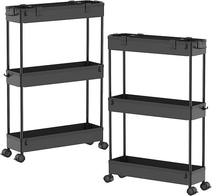 2-piece Set Slim Storage Cart 3 Tier,Bathroom Organizer Rolling Utility,Mobile Shelving Unit Slide Out for Office, Kitchen, Laundry Room & Narrow Places