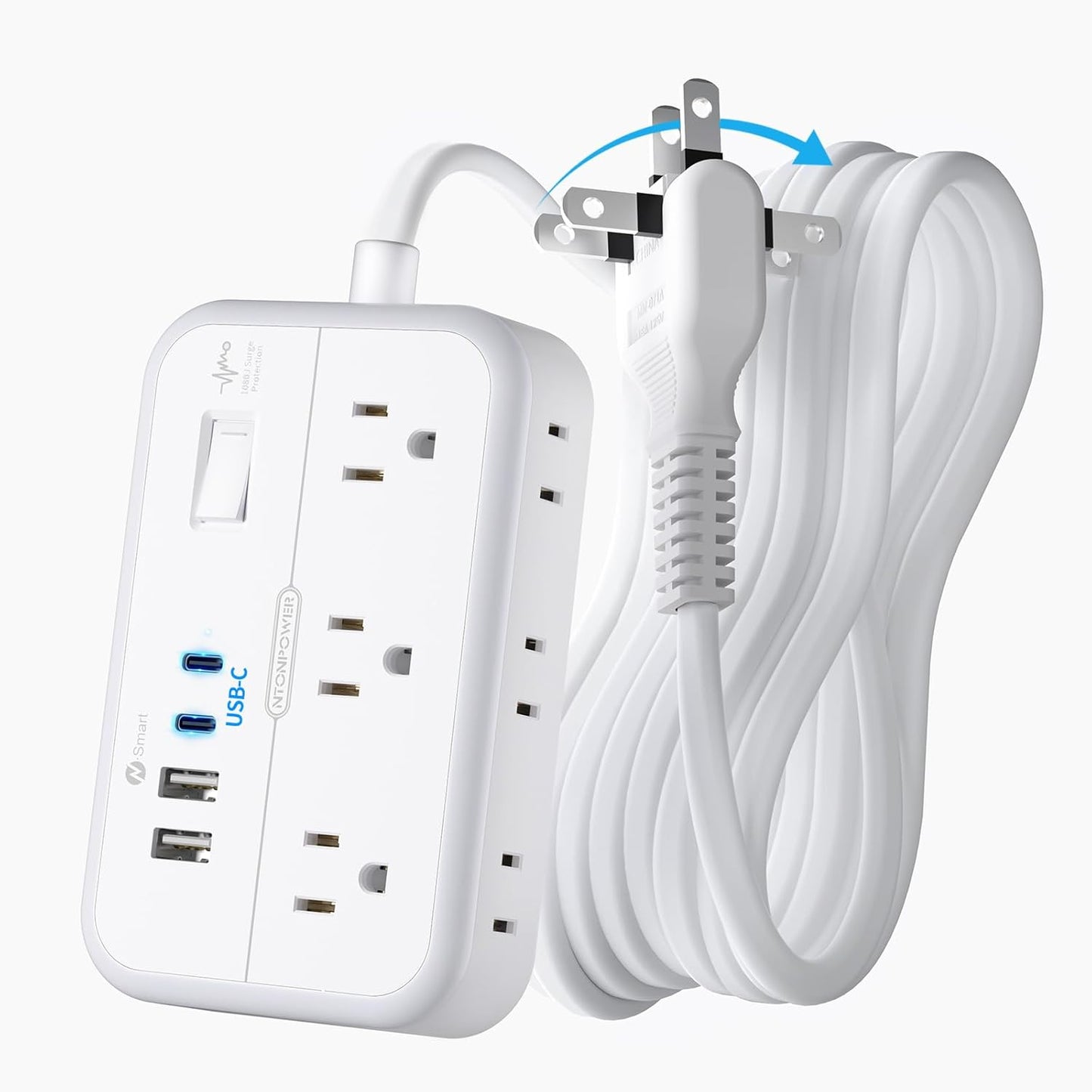 NTONPOWER 2 Prong Power Strip, 1875W/15A 2 Prong to 3 Prong Outlet Adapter, Surge Protector Power Strip with 4 USB Ports(2 USB C), 5 FT Rotating Flat Plug Extension Cord for Old House, Wall Mount