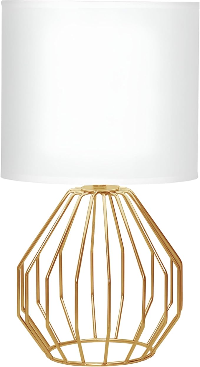 Small Gold Table Lamps, Set of 2 Bedside Nightstand Lamps with White Fabric Shade, Metal Base, Hollow Geometric Desk Lamps for Bedroom, Living Room, Office