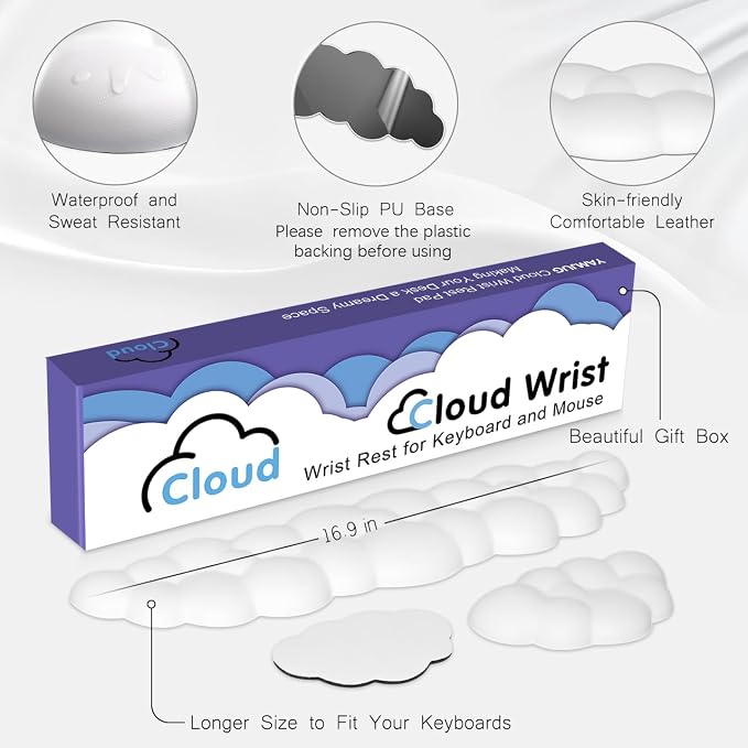 4 in 1 Ergonomic Leather Cloud Wrist Rest Keyboard and Mouse Pad & Coaster | Full 4-Piece Set, Non-Slip PU Base, Soft Memory Foam Comfort For Long Work/Gaming Hours, Cute Desk Decor, Easy To Clean