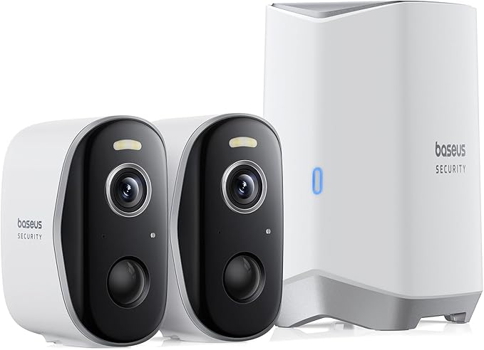 Baseus Security Cameras Wireless Outdoor, N1 2-Cam Kit with 2K Clarity, No Monthly Fee, 16TB Expandable Local Storage, 210-Day Battery Life, Spotlight & Alarm, Works with Alexa/Google Home, Light Grey