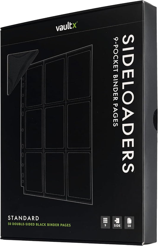 Vault X 9 Pocket Sideloading Pages for 3 Ring Binder (50 Pack) 900 Cards, Double-Sided A4, Storage for Trading Cards (Black)