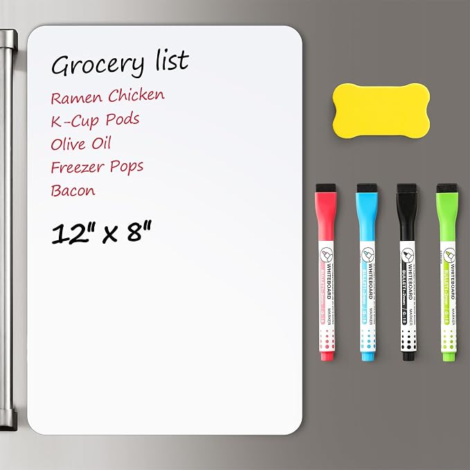 1 Pack Magnetic Dry Erase Board Sheet for Fridge, 12"x8" Erasable Refrigerator WhiteBoard w/ 4 Markers & 1 Eraser- Smooth and Flexible Small Magnet Blank Notepad for Home Kitchen Organizer and Planner