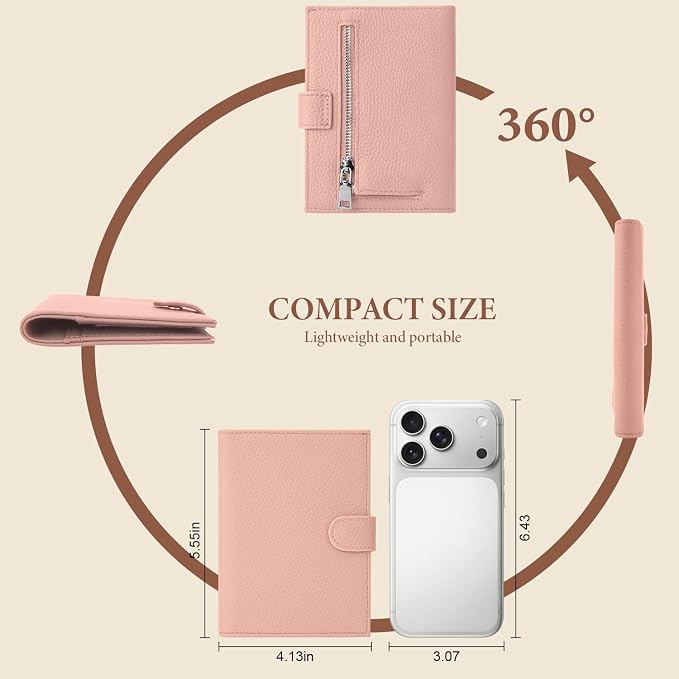 Genuine Leather Passport Holder for Women Men, Hidden Airtag Pocket, RFID Blocking, Zippered Coins Pocket & Cash Compartment Travel Gifts Essentials Passport Cover Case - Pink