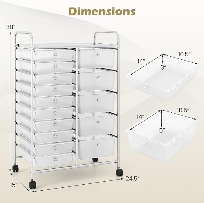 RELAX4LIFE 15-Drawer Rolling Storage Cart - Utility Cart with Metal Frame, Lockable Wheels & Removable Drawers, Multipurpose Art Craft Organizer for Home Office, Classroom (Clear)