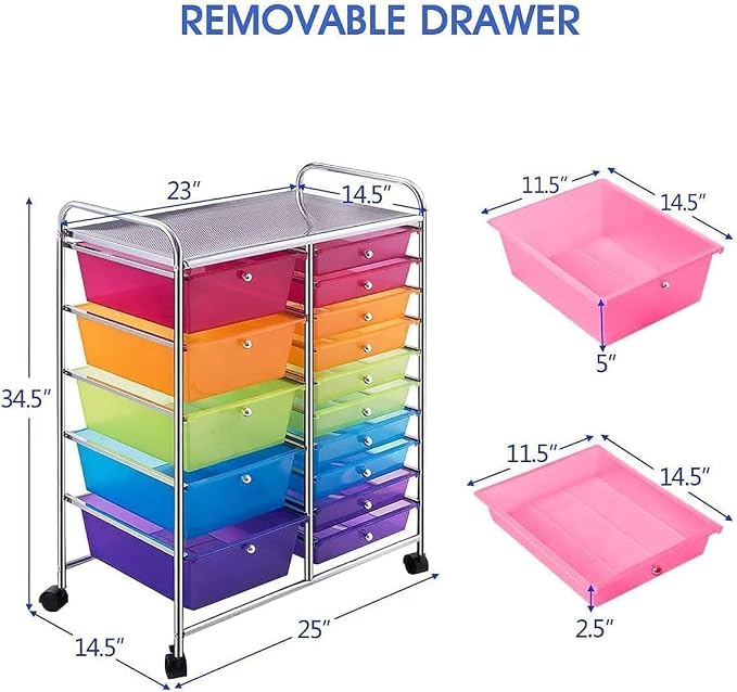 15 Drawer Rolling Storage Cart, Rolling Cart with Drawers for Classroom, Art Supply Craft Organizer on Wheel with Metal Frame & Handles for Home Office School