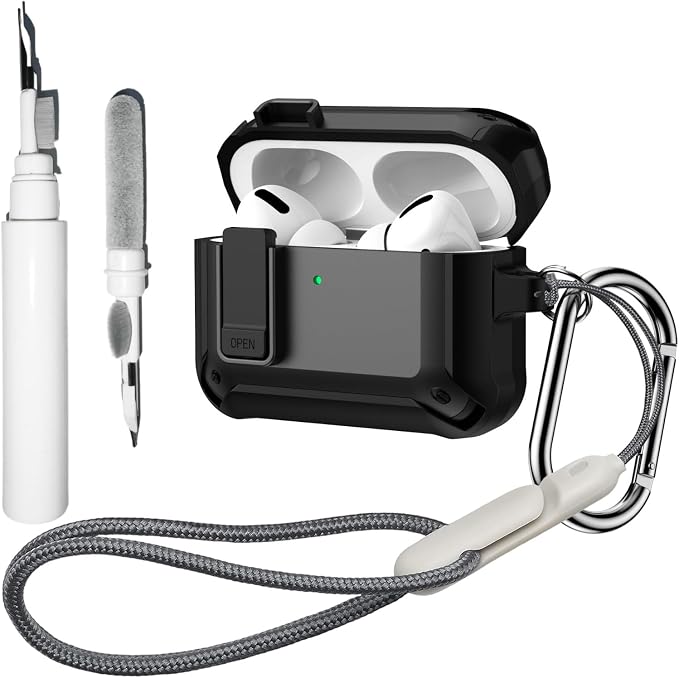 [4 in 1] Lock Case Compatible with AirPods Pro 3 with Keychain | Military Grade Armor Shockproof Rugged Shell Protective Cover for Women Men with Lanyard and Cleaning Pen Kit