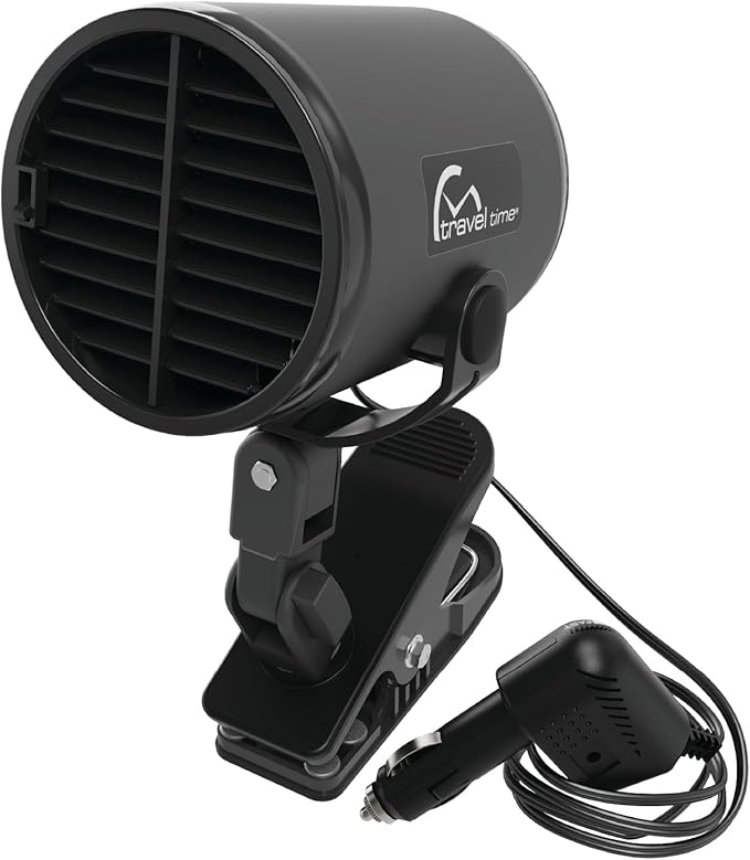 TRAVEL TIME 12V Turbo Fan Clip-On, Black – Universal for Most Vehicles, Variable Speed Control, Cooling Fan, Portable Fan for Cars, Trucks, and UTV's