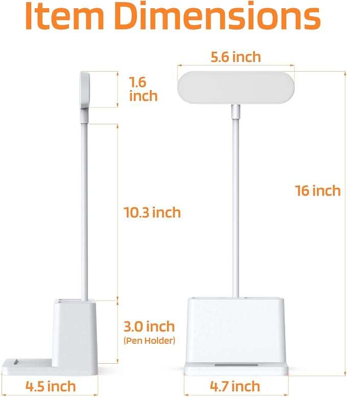 Small Desk Lamp, Rechargeable Cute Table Light for Kids Teens | for College Dorm Room, Home Office, Bedroom, White, LED, Pen Holder, Mini, Gooseneck, Computer Task, Desktop Study