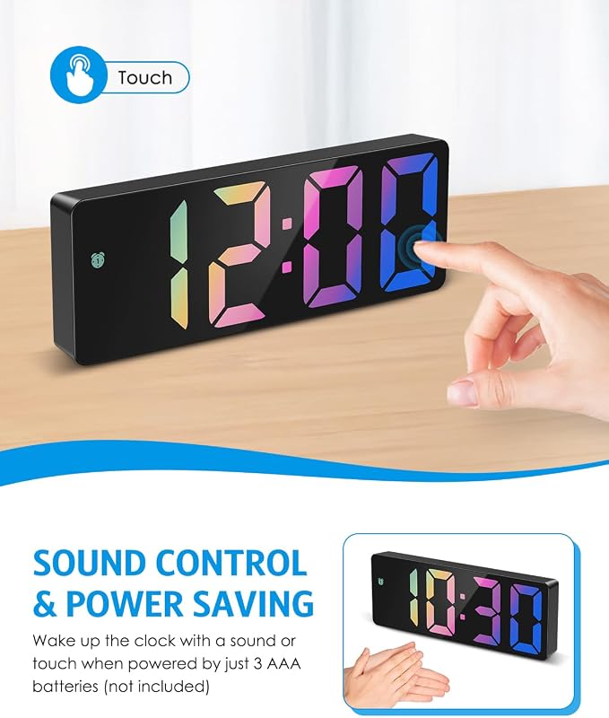 AMIR Digital Alarm Clock Large Display, LED Alarm for Bedroom, USB/Battery Powered Bedside Alarm Clock with Snooze, 12/24H, 3 Adjustable Brightness, Temperature, Desk Clock for Home, Office, Colorful