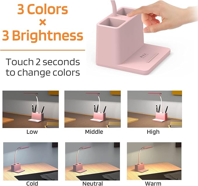 Cute Desk Lamp, Pink Table Light for Women, Teen Girls | LED, Small, Rechargeable, Battery Operated, Touch Control, Gooseneck, Home Office Accessories, College Dorm Essentials