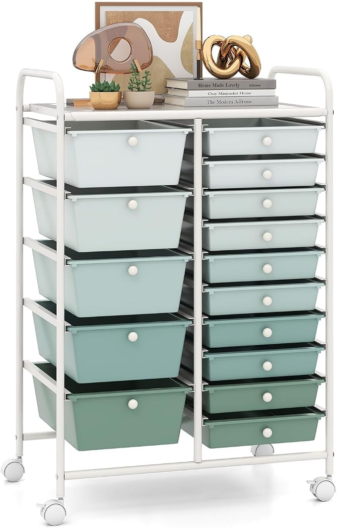 RELAX4LIFE 15-Drawer Storage Drawer Carts - Mobile Rolling Utility Cart | 34.5"H White Metal Frame, Gradient Green Drawers, Rolling Wheels; Classroom School Office Home Craft Utility Storage