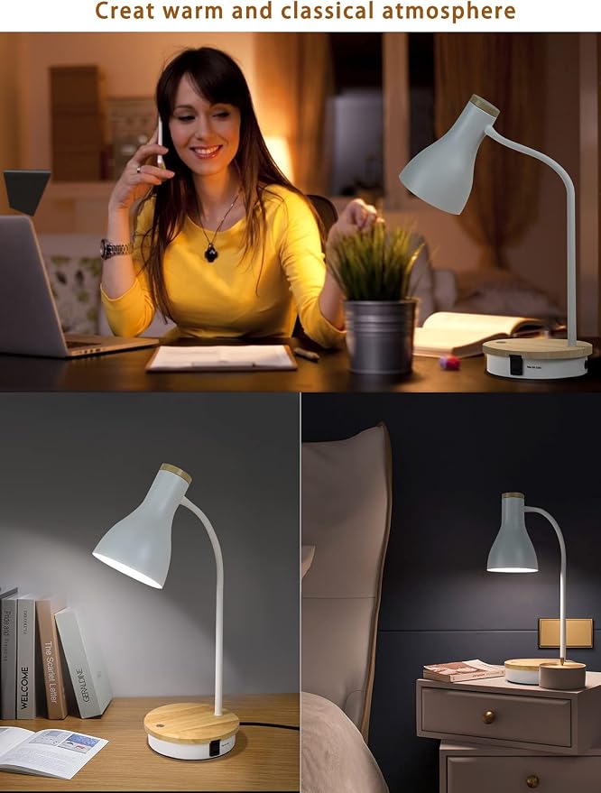 LALISU Metal Desk Lamp Wireless Charging Table Lamp Touch Reading Lights Arc Desk Lamps for Bedroom, 3 Way Dimmable Bedside Lamp with USB Charging Ports Lamp for Study Room and Office (Touch-White)