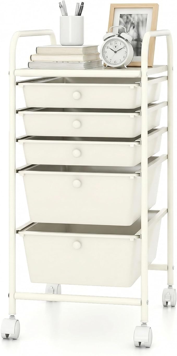 COSTWAY 6-Drawer Rolling Storage Cart, Art Craft Tools Organizer on Wheels | Multifunctional Heavy Duty Utility Mobile Storage Trolley w/ 2 Lockable Wheels for Home Office School (White)