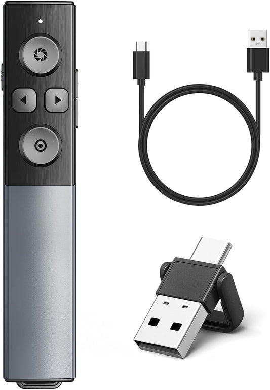 2-in-1 USB Type C Presentation Clicker Wireless Presenter Remote Clicker, Rechargeable Clicker for Powerpoint Presentations, Google Slide Advancer Slideshow Presnetation Clicker (Aluminium Alloy)