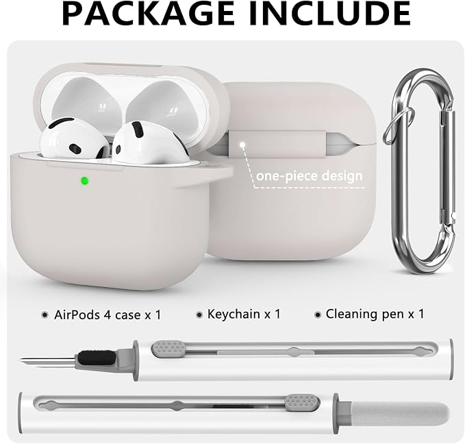 Ljusmicker for AirPods 4 Case 2024 with Cleaner Kit,Soft Silicone Protective Cover for Apple AirPods 4th Generation Cases for Women Men,for AirPod 4 Case Accessories with Keychain-Stone
