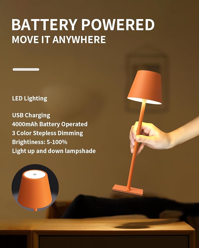 KDG 2 Pack Cordless Orange Table Lamps, Rechargeable Portable LED Desk Lamp | 4000mAh Battery Operated 3 Color Stepless Dimming Up for Restaurant, Bedroom, Outdoor Party, Camping, Coffee Shop, Nightlight