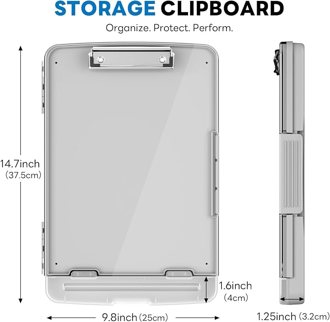 Clipboard with Storage and Pen Holder, Gray 8.5 x 11'' Folder Side Open, Heavy Duty with Dual Compartment, Clear Dry Erase for Coach, Size 14.5 x 9.8 x 1.5'', Office & School Supply
