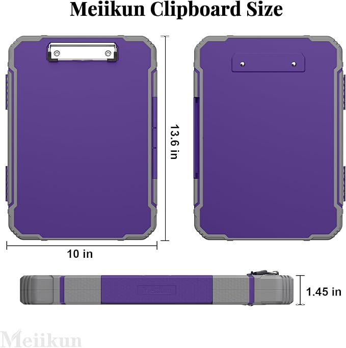 Meiikun Clipboard with Storage, Rugged Shockproof Protective, Internal Pen Pouch & Metal Clip, Heavy Duty Plastic Clip Boards 8.5x11, High Capacity Contractor Folder for School Office (Purple)