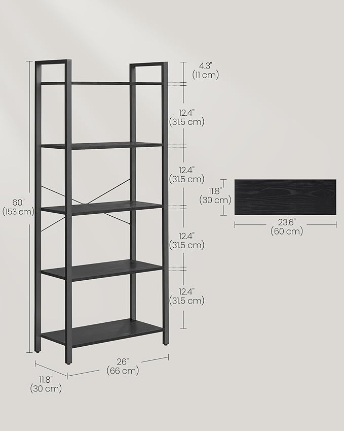 VASAGLE 5-Tier Bookshelf, Bookcase with Steel Frame, Book Shelf for Living Room, Home Office, Study, 11.8 x 26 x 60.2 Inches, Industrial Style, Ebony Black and Ink Black ULLS061B56