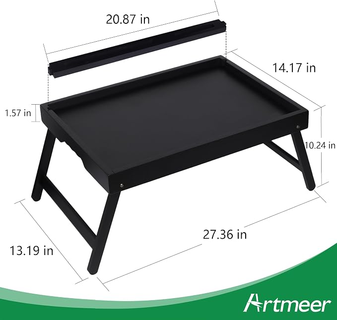 Artmeer X-Large Bamboo Bed Tray with Device Slot and Folding Legs, Black | X-large FSC-certified bamboo bed tray with device slot, folding legs and extra space for meals, laptops and reading in bed.