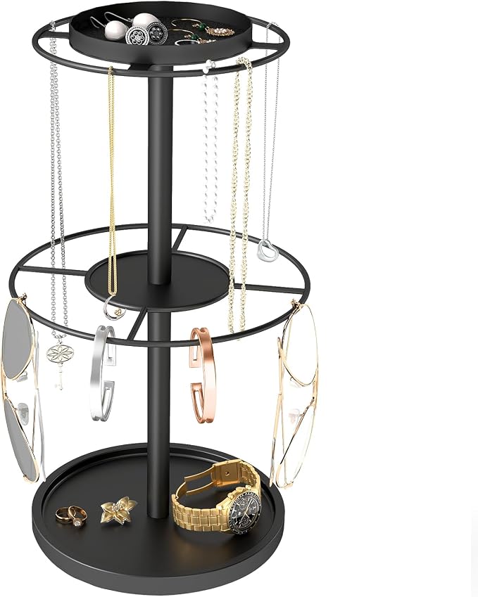 LSK 2-Tier Sunglass Organizer, Metal Glasses Stand with Storage Tray, Black | Sunglass Holder with Non-Slip Pad for Nightstand, Tabletop, Desk, Dresser, Hanging Up to 9 Pairs Sunlasses/Reading Glasses