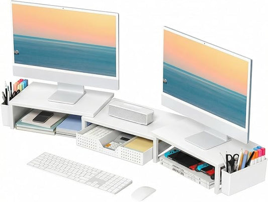 Desk Organizers and Accessories, Dual Monitor Stand Riser with Drawer and 2 Pen Holders, Desk Shelf Computer Racks for Office Workspace Organizers, Desktop Organization (White)