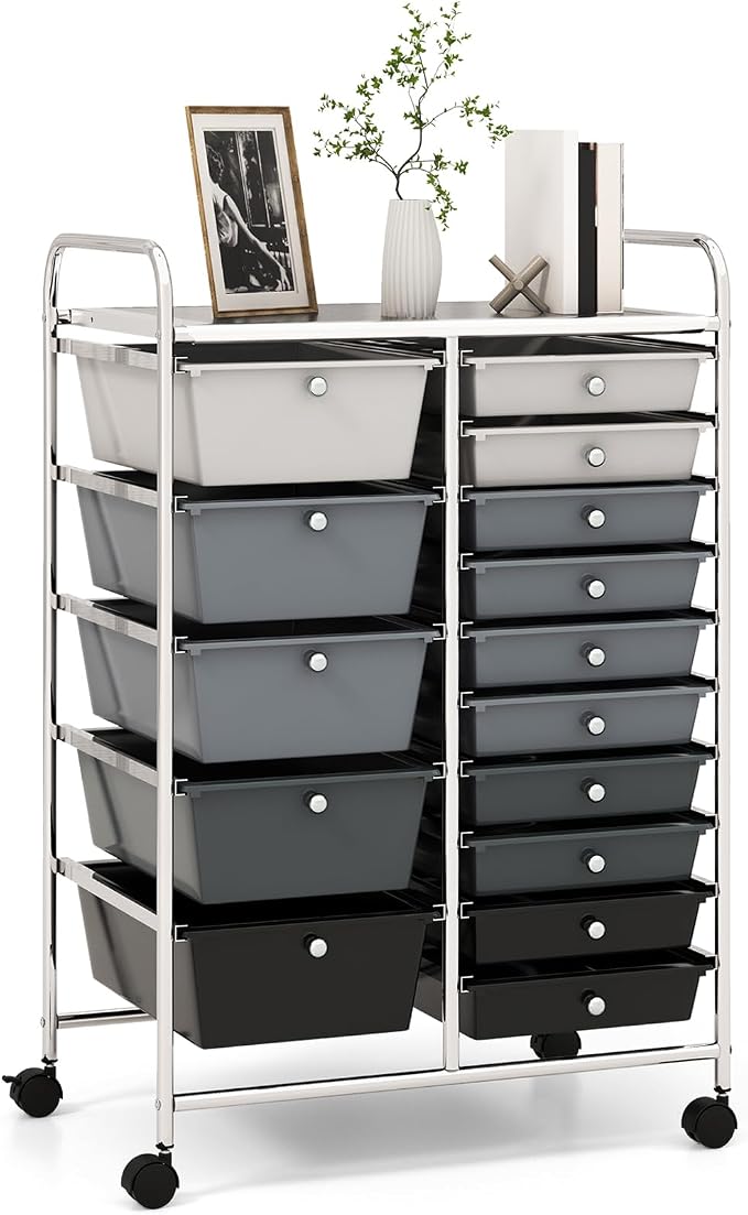 RELAX4LIFE 15-Drawer Storage Drawer Cart - Mobile Rolling Utility Cart with Wheels, Steel Frame, Craft Organizer for Classroom Organization and Storage, School, Office, Home, Gradient Black
